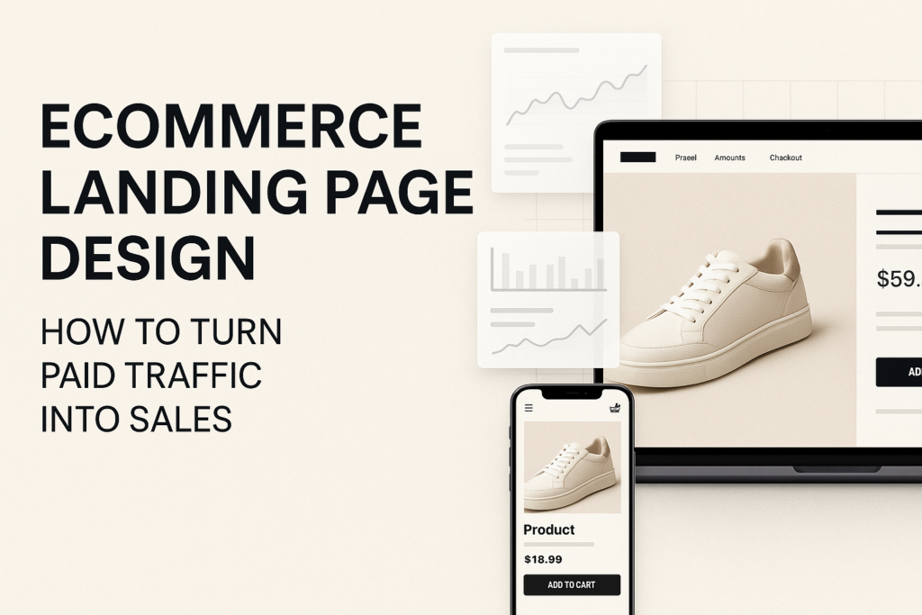 Ecommerce landing page design for paid traffic with Shopify product page and checkout visuals