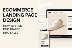 Ecommerce landing page design for paid traffic with Shopify product page and checkout visuals